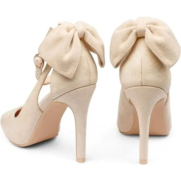 Womens Bow Knot Cream High Heels Pointed Toe Stiletto Ankle Strap D'Orsay Pumps